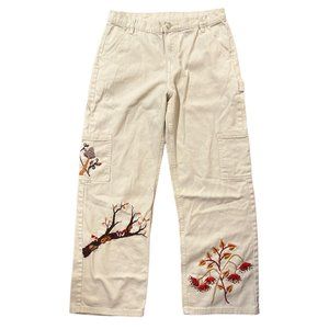 Hand embroidered mushroom white denim cargo pants